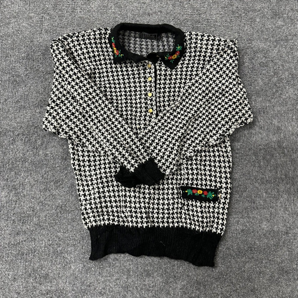 Voila Sweater Womens Size L Black White Houndstooth Floral Embroidery Knit Retro